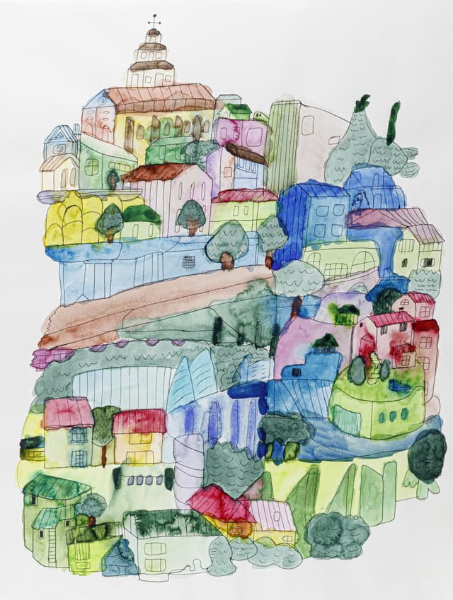 나무가 있는 마을_53.3×67.5cm_watercolor,pen on paper_2022