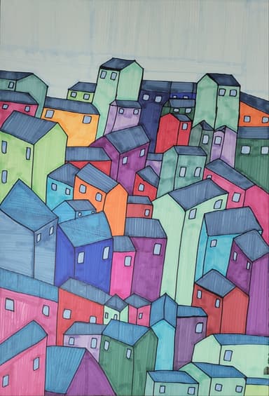 파란지붕의 집_marker on paper_2022_53.3x77.3cm