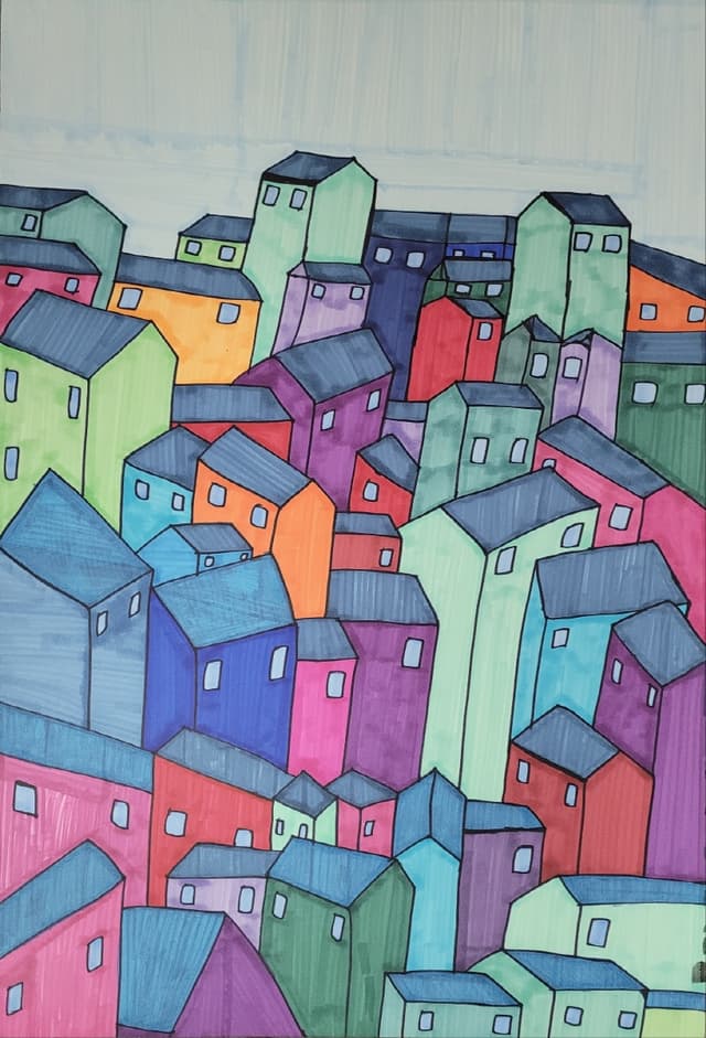 파란지붕의 집_marker on paper_2022_53.3x77.3cm