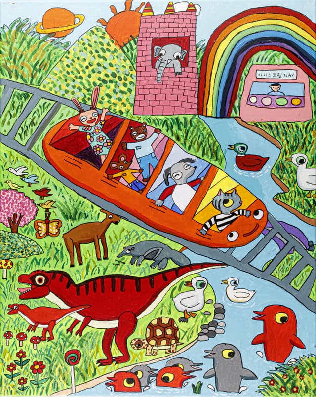놀이공원에서 다함께 놀아요_72.7×91cm_acrylic, marker on canvas_2023